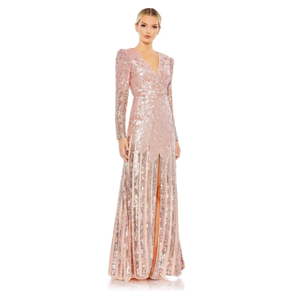 NWT $798 MAC DUGGAL FULLY SEQUINED BEADED MAXI LONG GOWN DRESS ROSE GOLD 6088